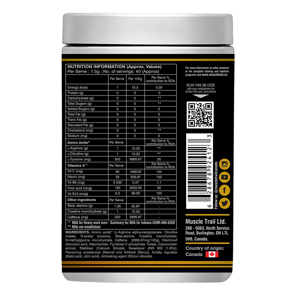 MuscleTrail Thunder Pre Workout – 300g – 40 Servings – Energy and Focus