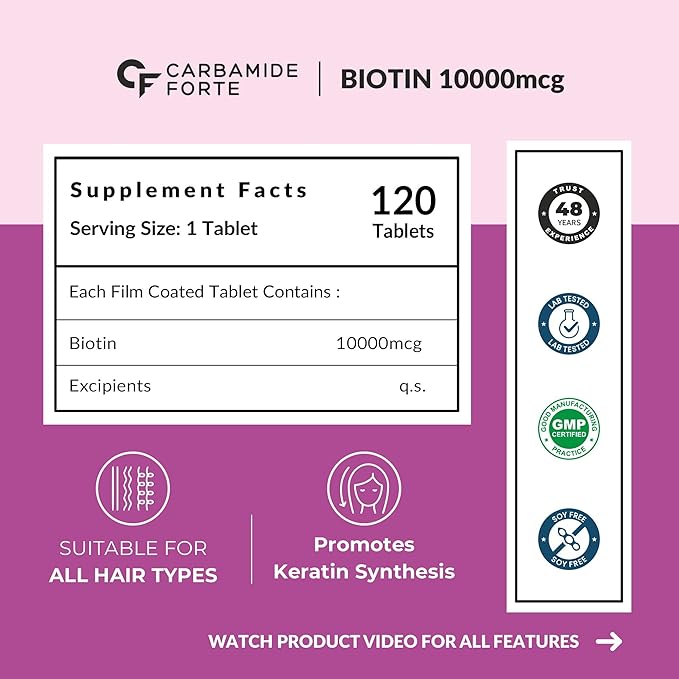 Carbamide Forte Biotin 10000mcg for Hair Growth, Skin & Nails - 120 Veg Tablets-2
