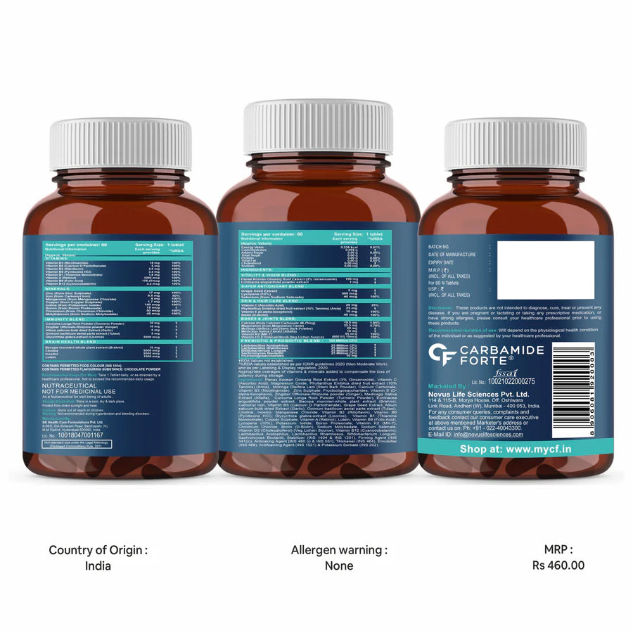 Carbamide Forte Multivitamin Supplement β 60 Vegetarian Tablets for Energy & Immunity