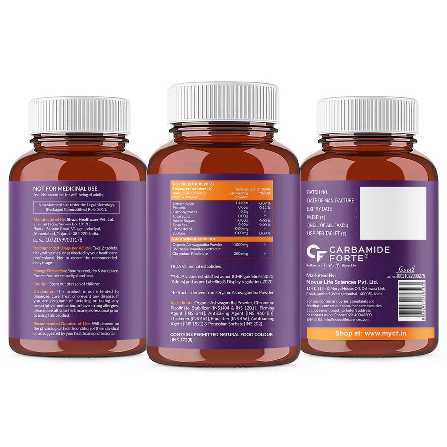 Carbamide Forte Organic Ashwagandha Tablets – Stress & Strength – 60 Tablets