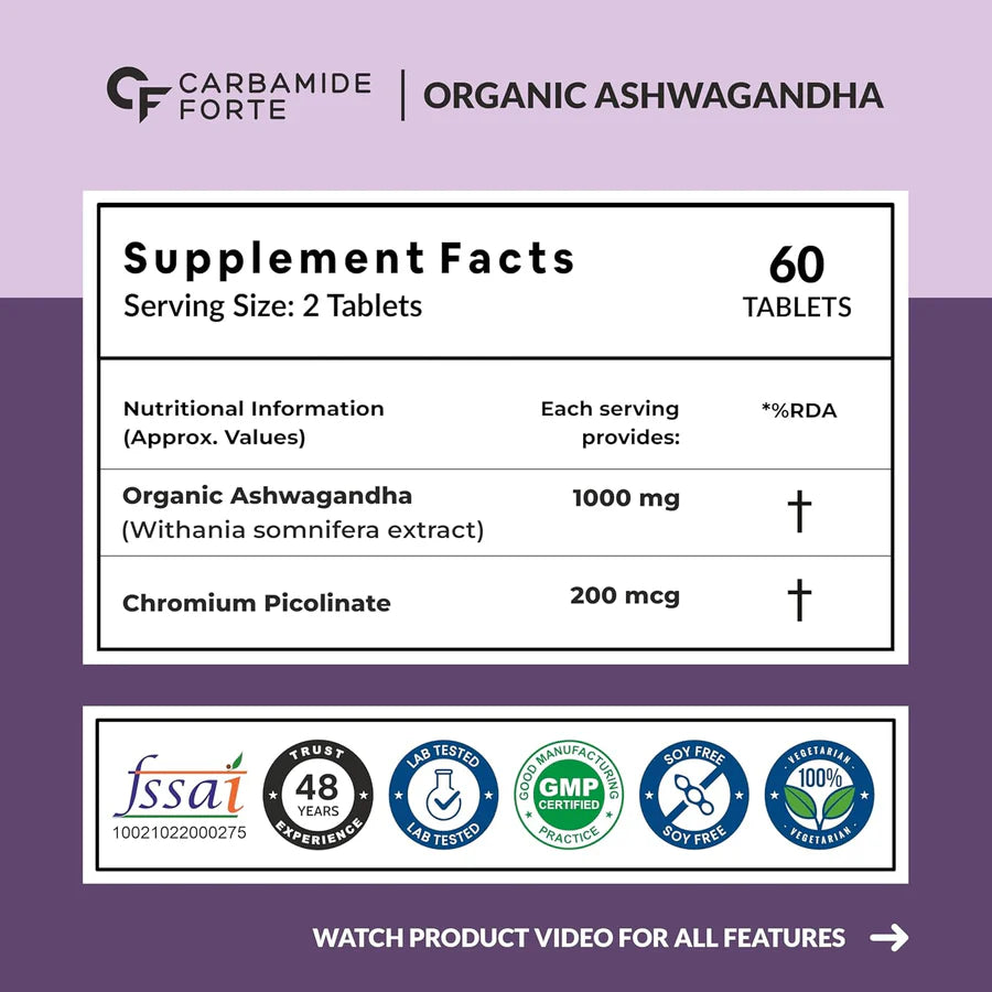 Carbamide Forte Organic Ashwagandha Tablets – Stress & Strength – 60 Tablets