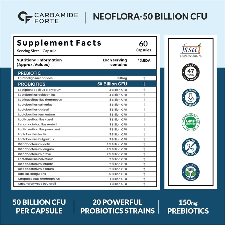 Carbamide Forte Probiotics Supplement β 60 Capsules β Gut Health & Immunity