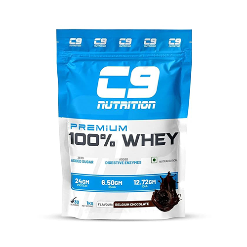 C9 Nutrition 100% Whey Protein Powder Belgium Chocolate 1kg front view