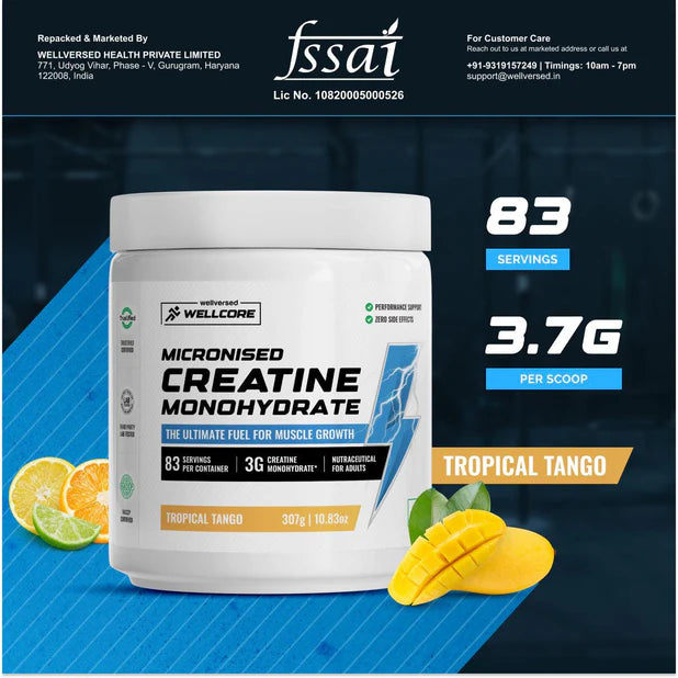 Wellcore - Pure Micronised Creatine Monohydrate | Tropical Tango (307g, 83Servings)-4