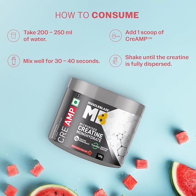 MuscleBlaze Micronised Creatine Monohydrate CreAMP Powder, Watermelon Kool Aid (30 Servings, 120g)