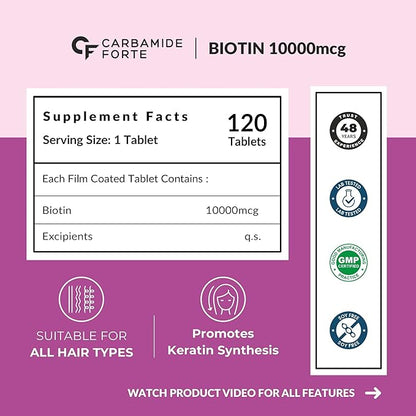 Carbamide Forte Biotin 10000mcg for Hair Growth, Skin & Nails - 120 Veg Tablets-2