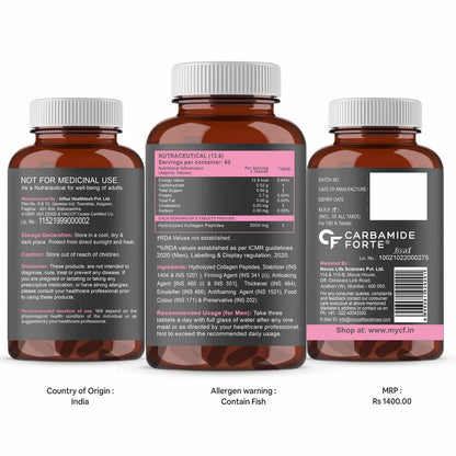 Carbamide Forte Collagen Supplements for Women & Men | Hydrolyzed Collagen Tablets with Type 1 & 3 Collagen Powder | Collagen Supplements for Skin & Hair with Hydrolyzed Collagen Peptides | Collagen Tablets for Women & Men - 180 Tablets