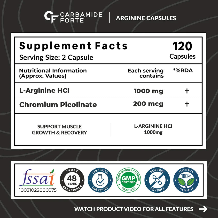 Carbamide Forte L Arginine 1000mg Supplement | Supports Nitric Oxide Production | Nitric Oxide supplements For Men and women | Extra Strength | Muscle relaxation | 120 Veg Capsules