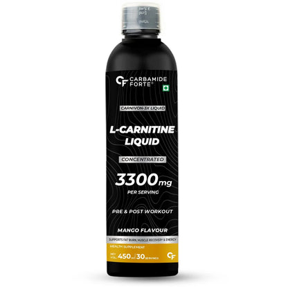 Carbamide Forte L Carnitine Liquid 3300mg | L-Carnitine Supplement For Men & Women | Liquid L Carnitine Pre Workout, Intra Workout & Post Workout Supplement With 3300 mg Per Serving With Added Vitamins | L-Carnitine Mango Flavour With 30 Servings - 450ml