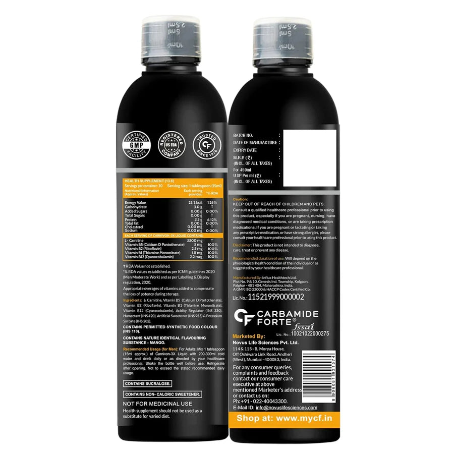 Carbamide Forte L Carnitine Liquid 3300mg | L-Carnitine Supplement For Men & Women | Liquid L Carnitine Pre Workout, Intra Workout & Post Workout Supplement With 3300 mg Per Serving With Added Vitamins | L-Carnitine Mango Flavour With 30 Servings - 450ml