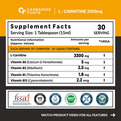 Carbamide Forte L Carnitine Liquid 3300mg | L-Carnitine Supplement For Men & Women | Liquid L Carnitine Pre Workout, Intra Workout & Post Workout Supplement With 3300 mg Per Serving With Added Vitamins | L-Carnitine Mango Flavour With 30 Servings - 450ml