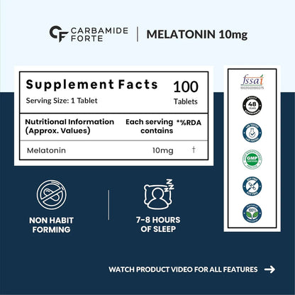 Carbamide Forte Melatonin 10 mg Sleeping Pills with Tagar 250 mg | Sleep Supplement for Men & Women | Melatonin Tablet for Restful Deep Sleeps - 100 Veg Tablets.