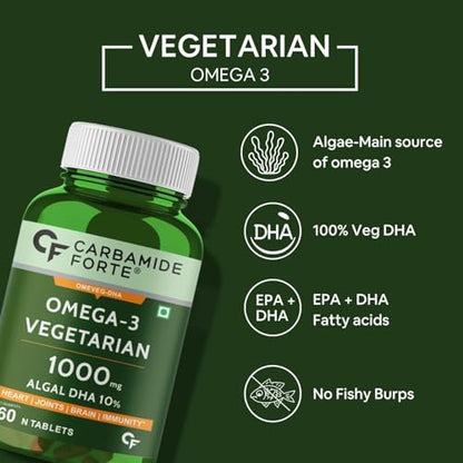 Carbamide Forte Veg Omega3 1000mg | Veg DHA | Vegetarian Omega 3 | Algal DHA | Plant Based | No Fish oil Used Tablets for Men & Women- 60 Veg Tablets