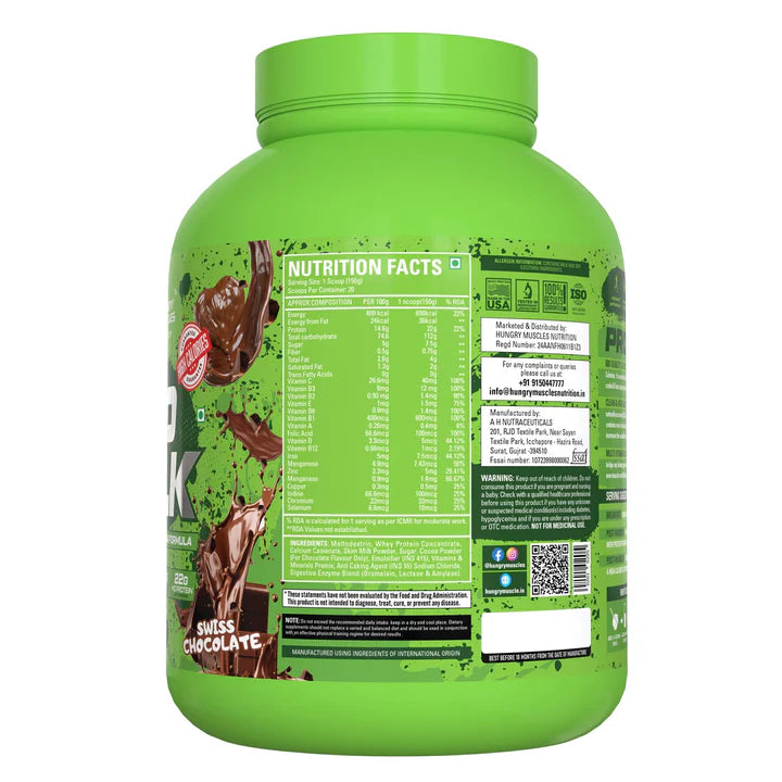 Hungry Muscles Pro Bulk - Weight Gainer 20 Servings 3KG (6.6LBS) Swiss Chocolate Flavour