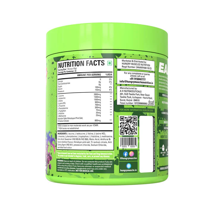Hungry Muscles BCAA + EAA Powder 30 Serving 300 Gm Muscle Recovery Supplement