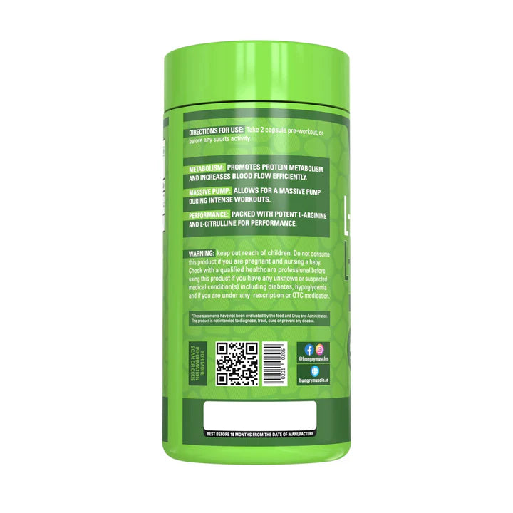 Hungry Muscles L-Arginine + L-Citrulline Nitric Oxide Booster 120 Capsules