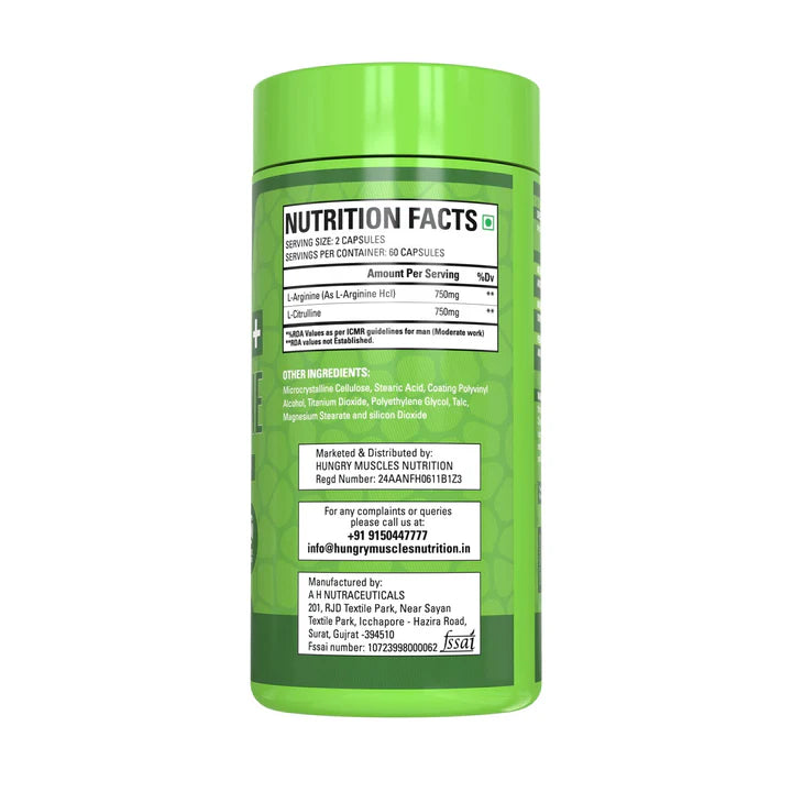 Hungry Muscles L-Arginine + L-Citrulline Nitric Oxide Booster 120 Capsules