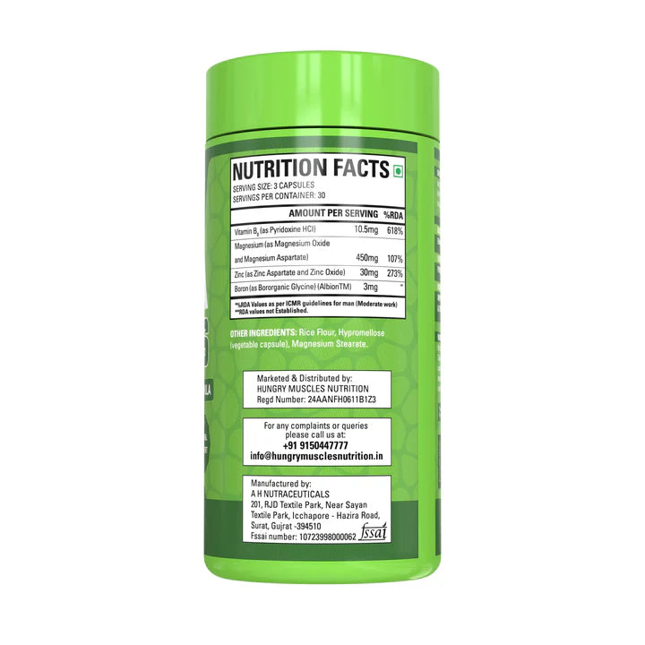 Hungry Muscles ZMA Plus – Zinc, Magnesium, Vitamin B6 & Boron – 90 Veg Capsules (30 Servings)